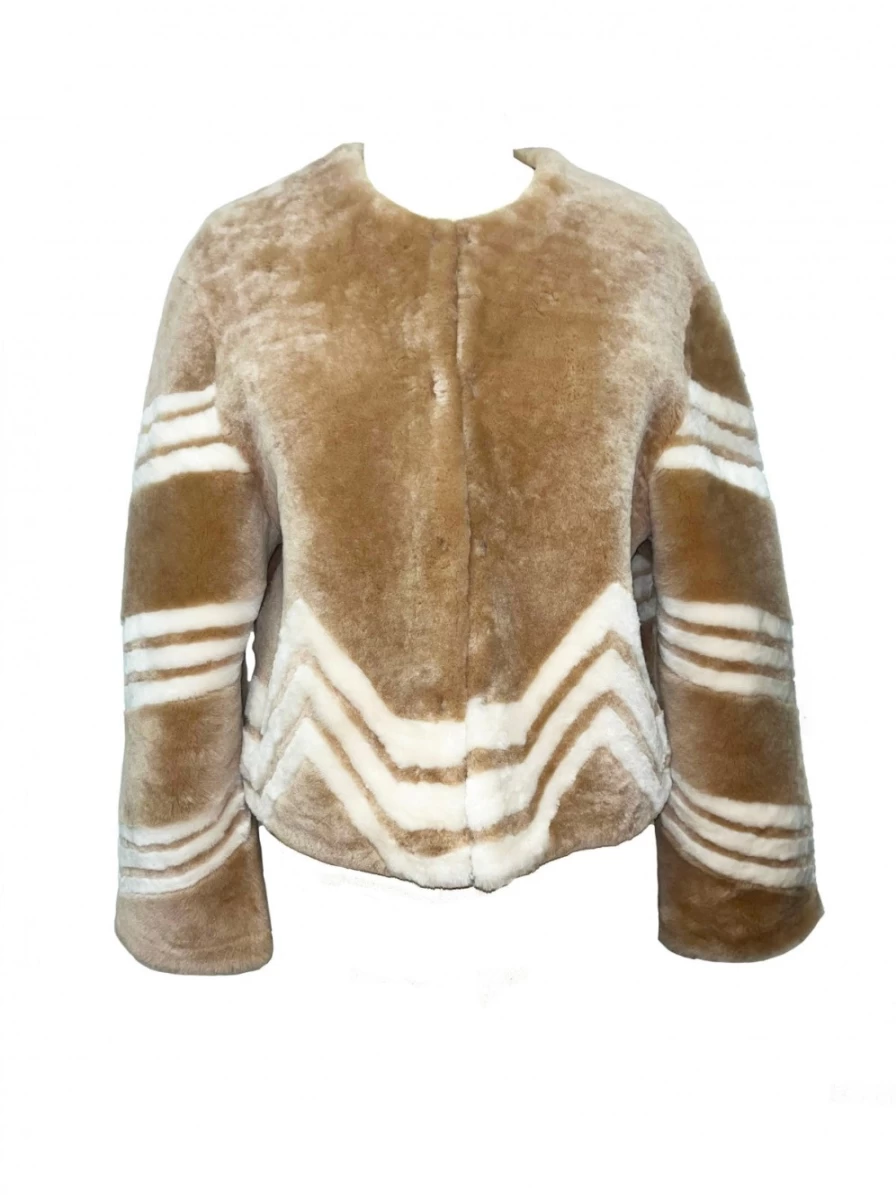 LINDA RICHARD Zig-Zag Fur Jacket for Women - Tan & Cream Color, Luxury Faux Fur Coat, Winter Fashion Outerwear