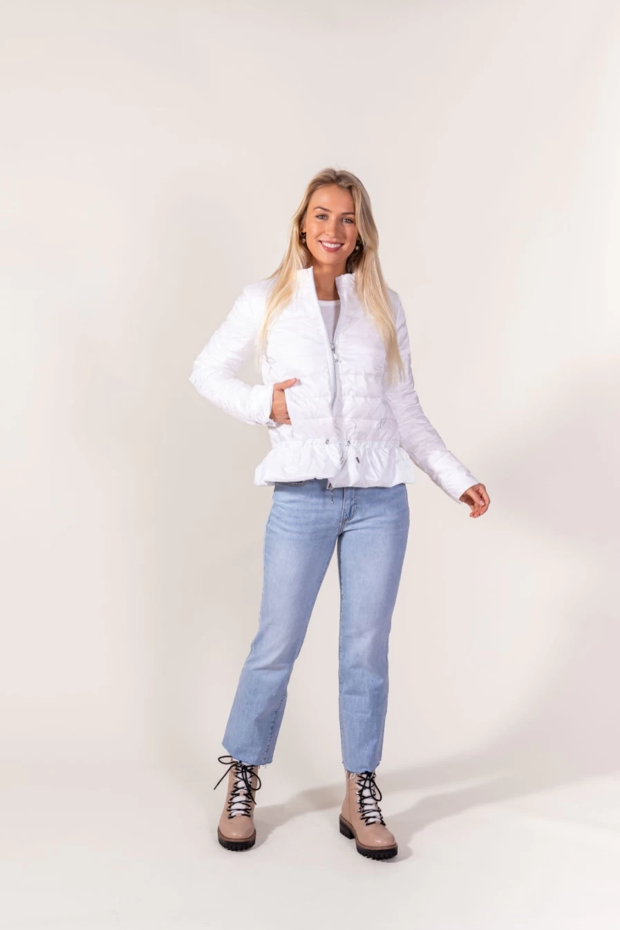 ANORAK White Peplum Puffer Jacket - Stylish Quilted Winter Coat for Women