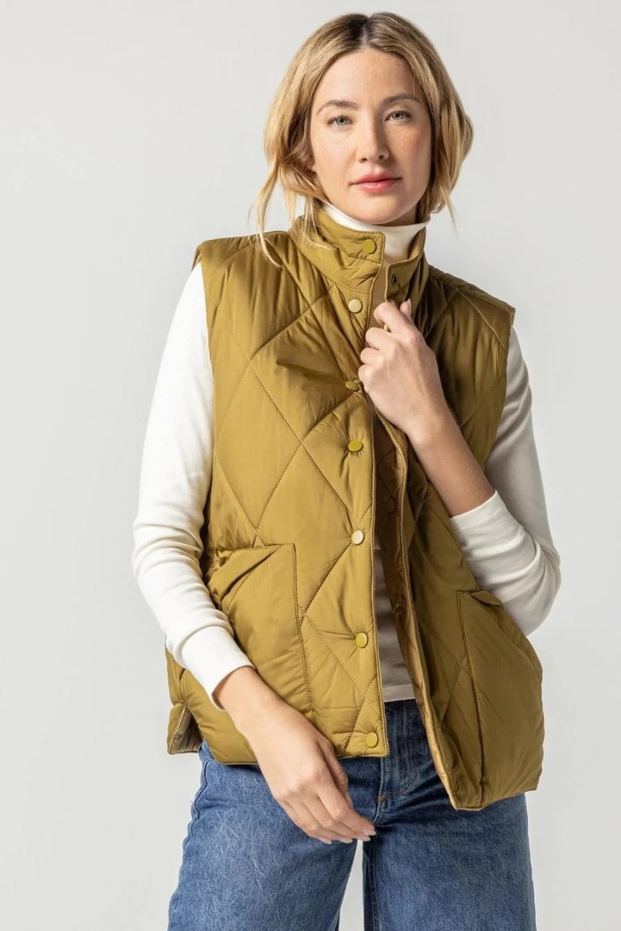 LILLA P Reversible Antique Gold Snap Front Vest - Dual Sided Women's Fashion Jacket