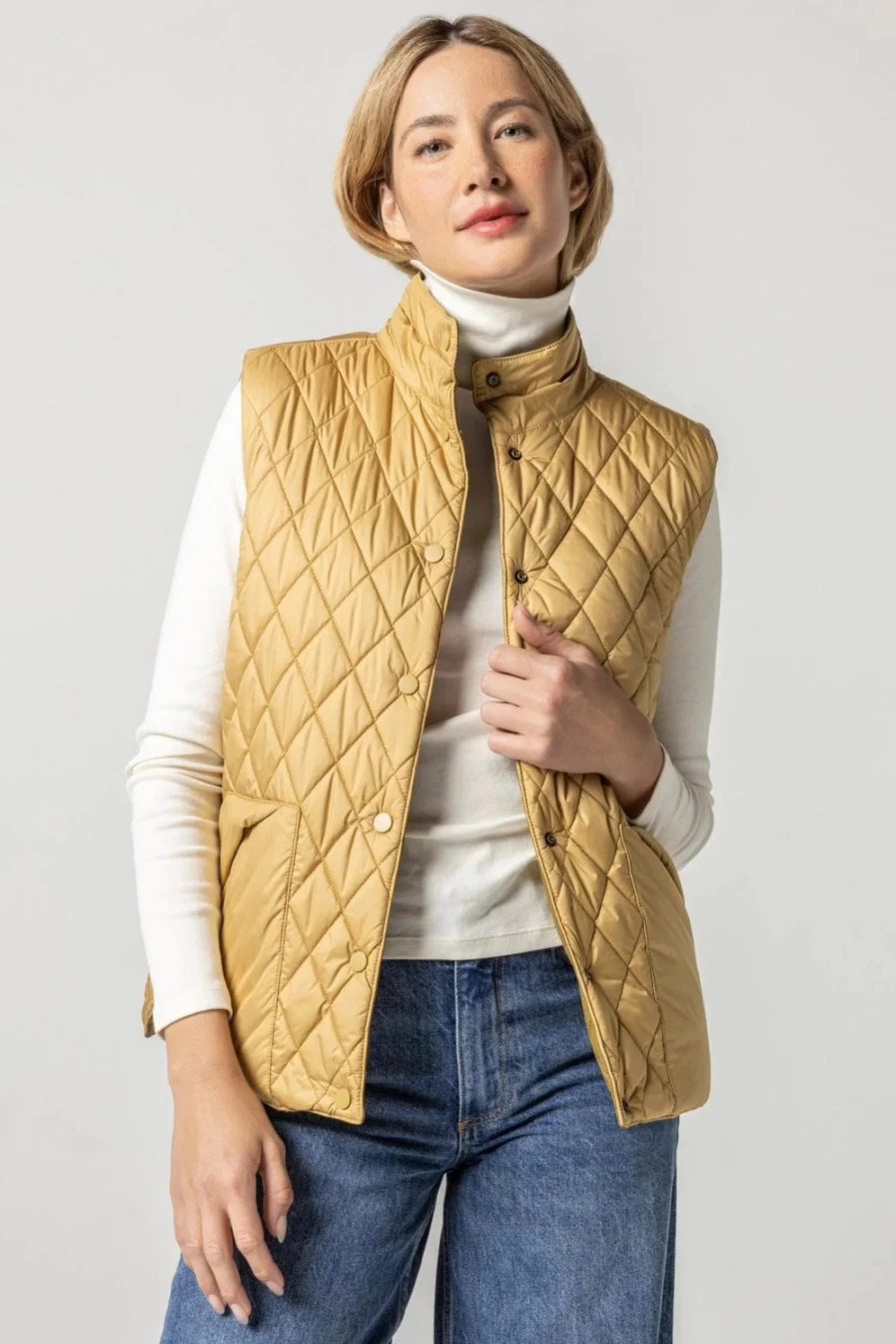 LILLA P Reversible Antique Gold Snap Front Vest - Dual Sided Women's Fashion Jacket