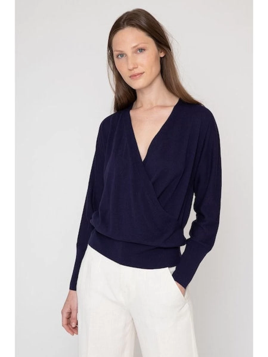 KINROSS CASHMERE Navy Surplice Cashmere Sweater | Women's Final Sale Knitwear