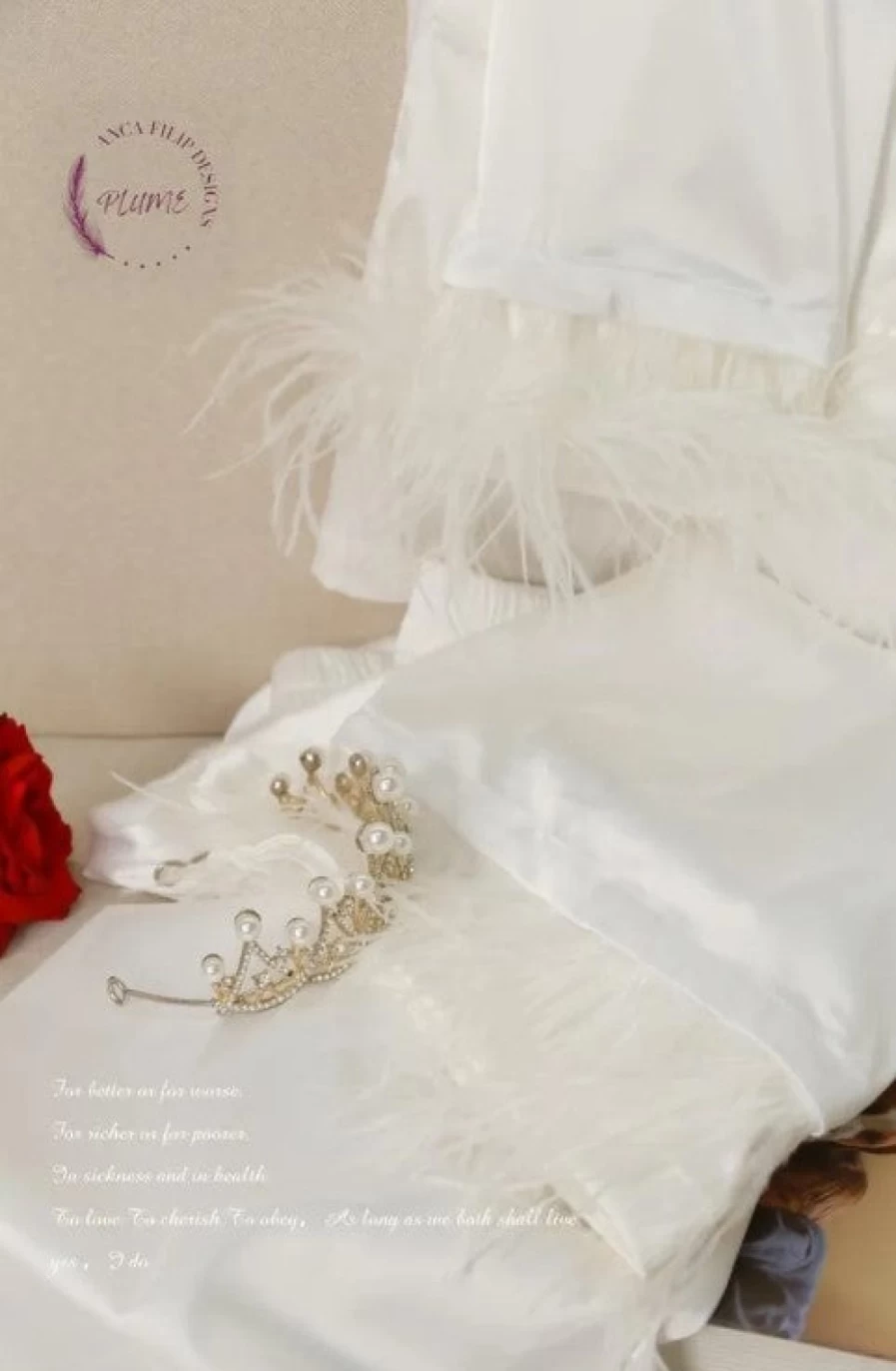 Plume White Feather Satin Pajamas for Women - Luxurious Comfort Sleepwear