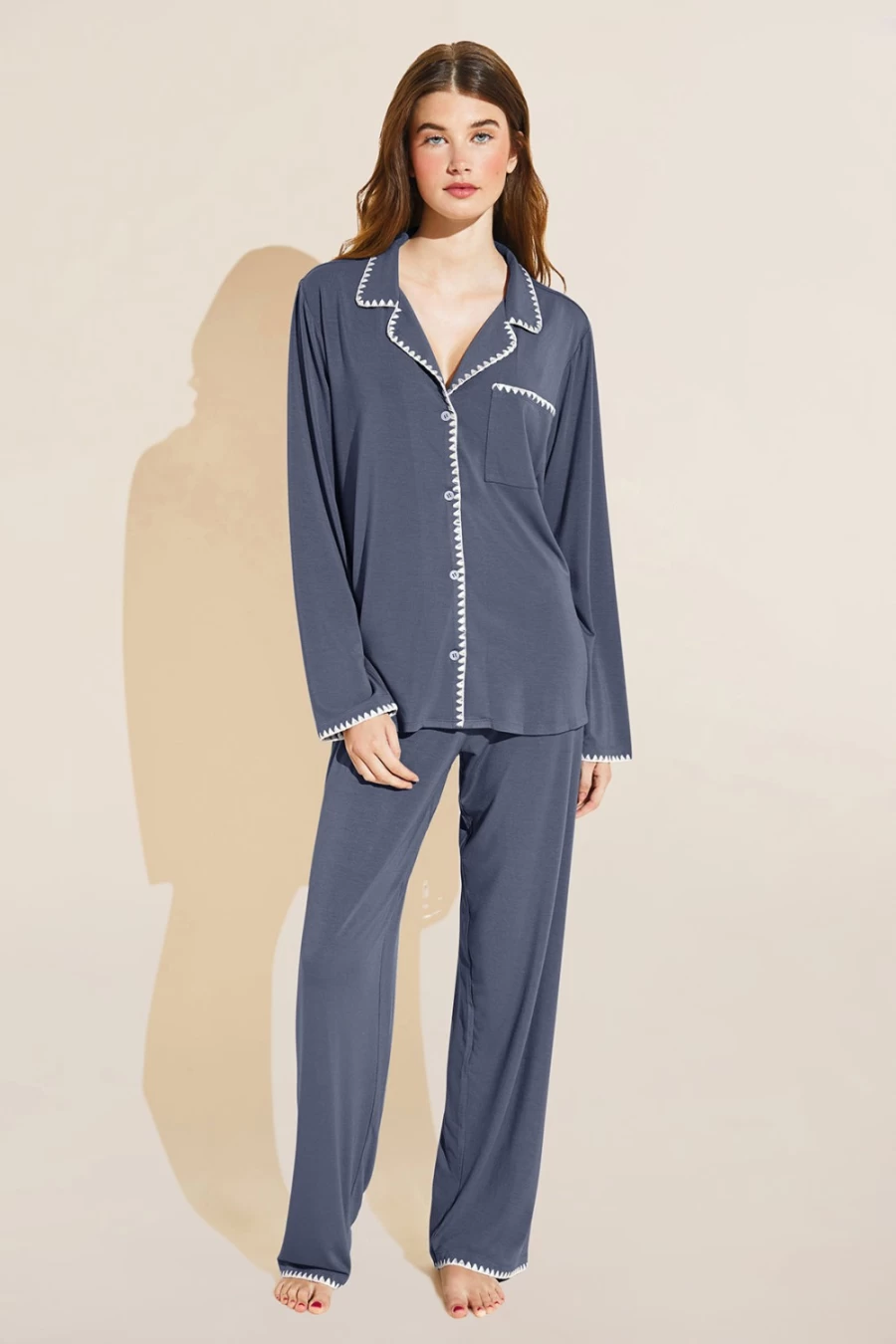EBERJEY Women's Whip Stitch Long Sleeve Pajama Set - Night Shadow Blue & Ivory Sleepwear