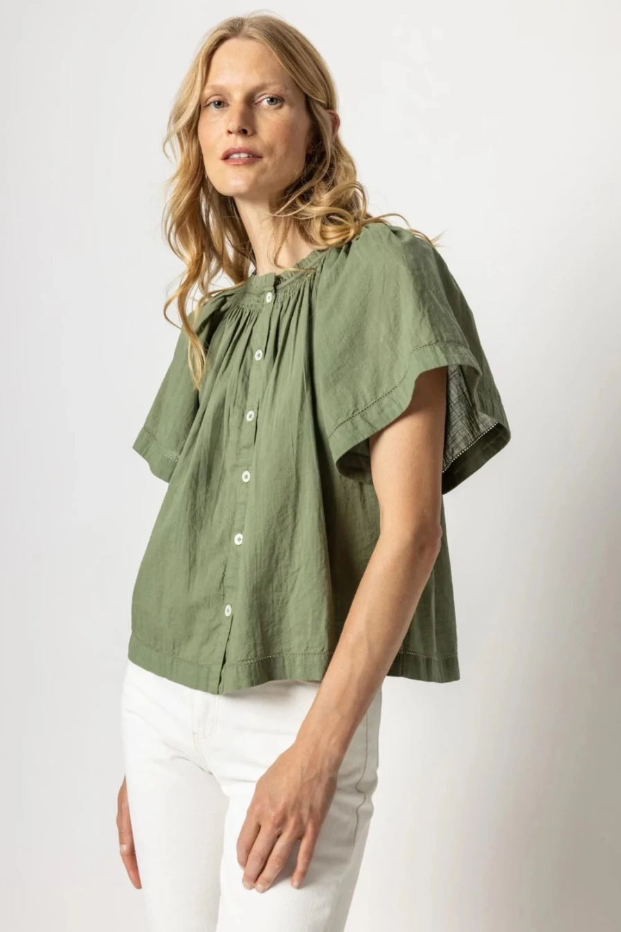 "LILLA P Flutter Sleeve Olive Button Down Blouse | Women's Final Sale Top"