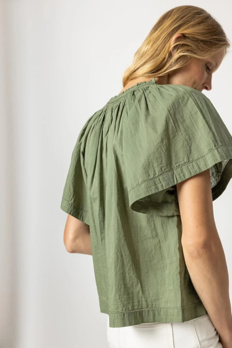 "LILLA P Flutter Sleeve Olive Button Down Blouse | Women's Final Sale Top"