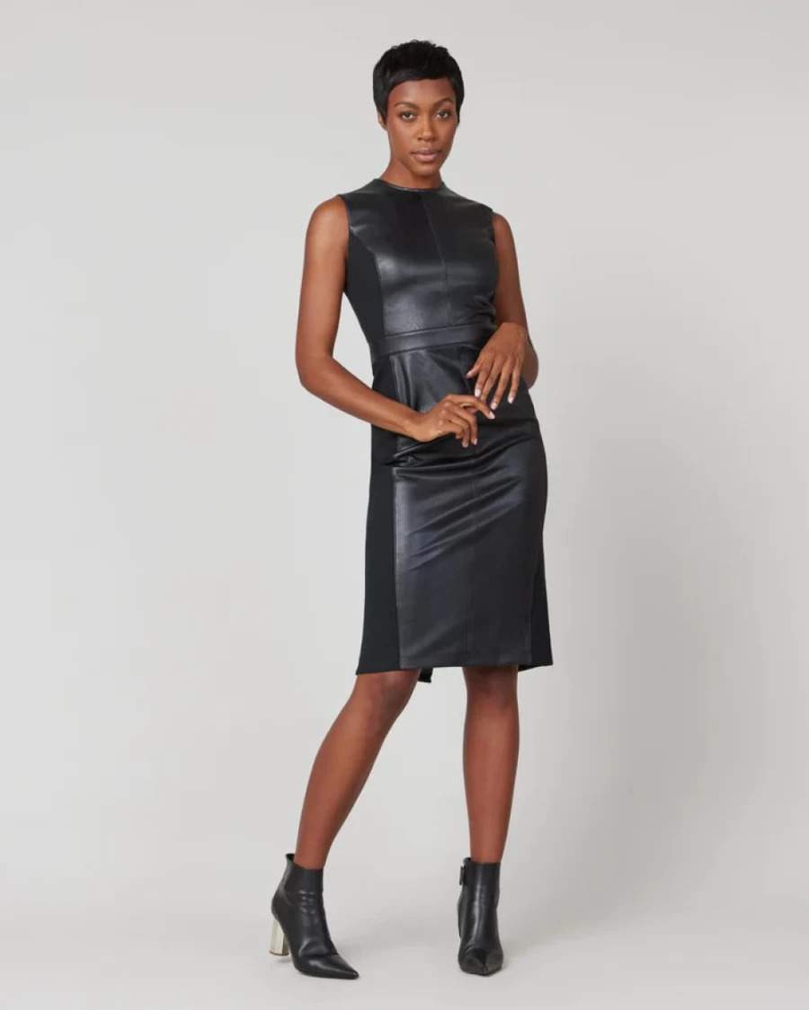 SPANX Luxe Black Faux Leather Combo Fitted Dress - Stretchable Slimming Bodycon