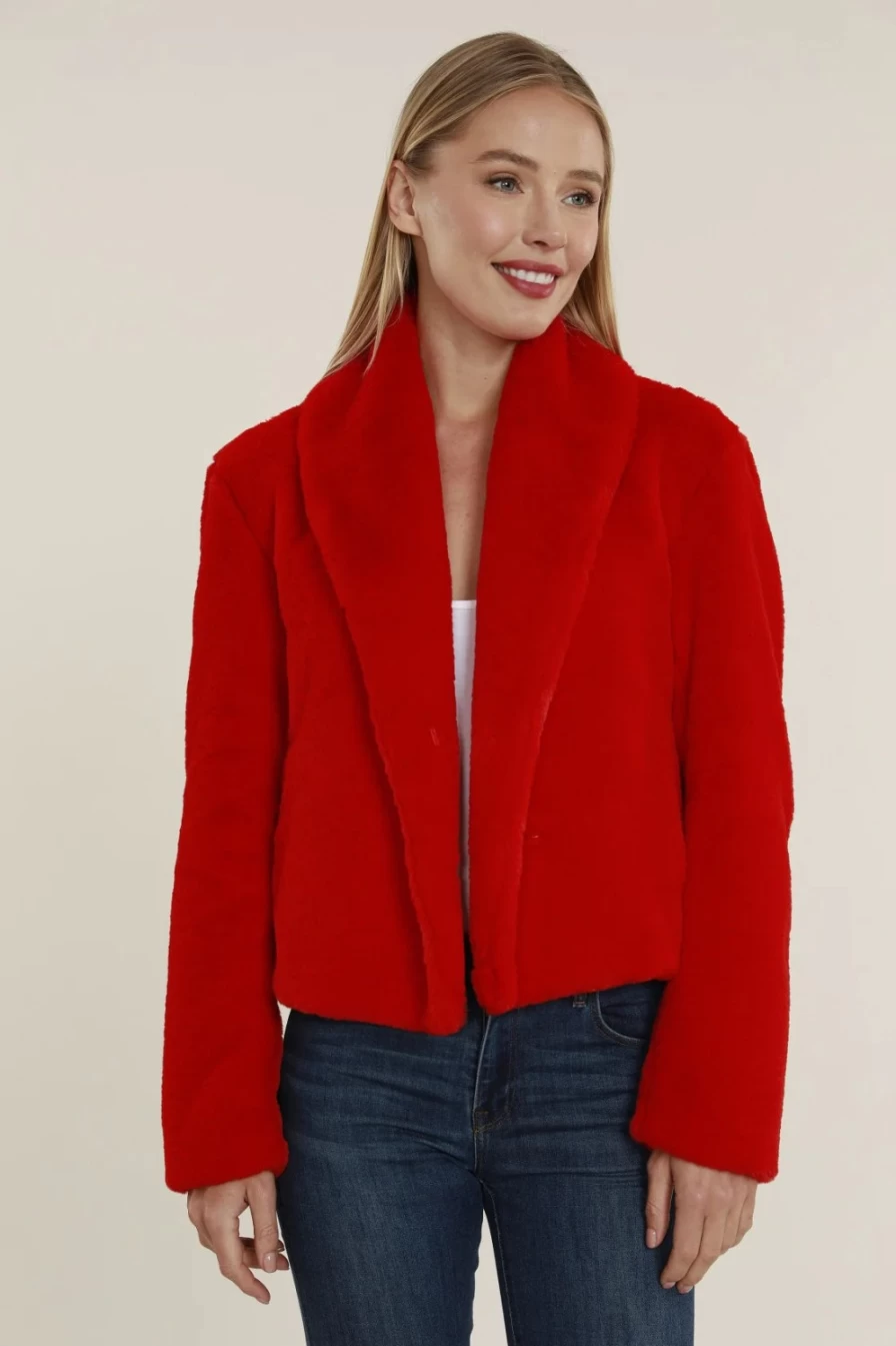 DOLCE CABO Women's Red Faux Fur Shawl Collar Jacket - Cozy Winter Outerwear Coat