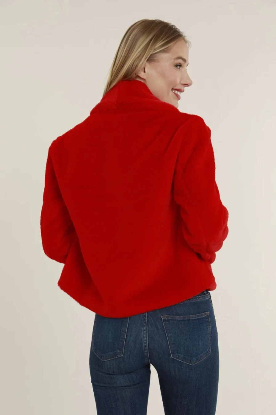 DOLCE CABO Women's Red Faux Fur Shawl Collar Jacket - Cozy Winter Outerwear Coat