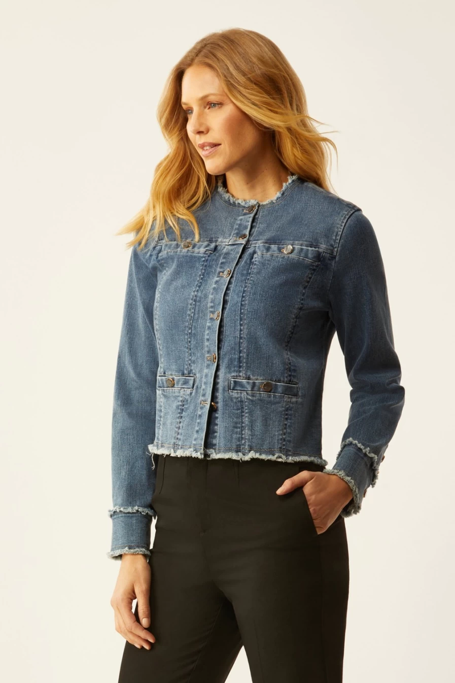 ECRU Vintage Distressed Collarless Denim Jacket - Frayed Hem Oversized Fit