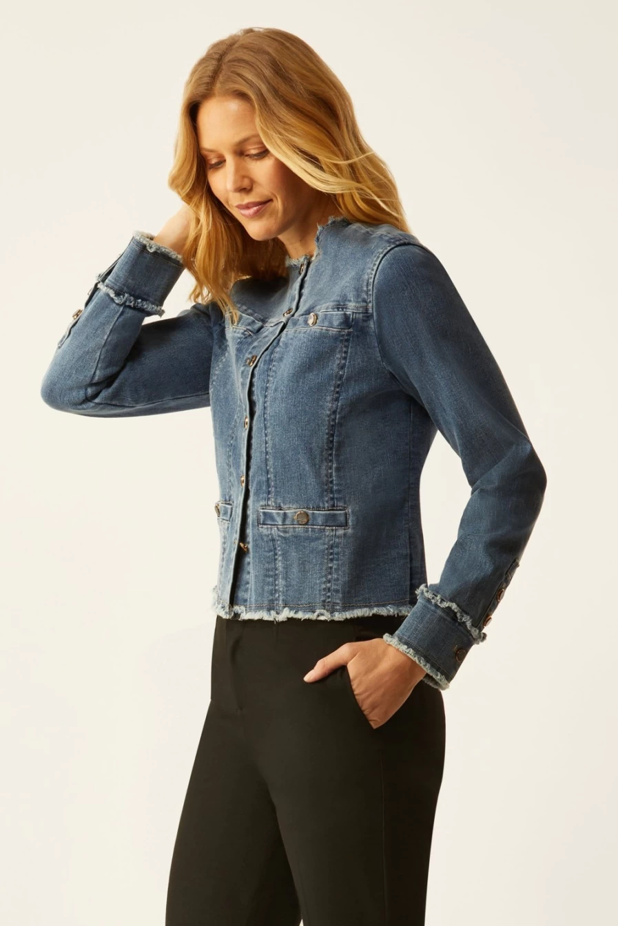 ECRU Vintage Distressed Collarless Denim Jacket - Frayed Hem Oversized Fit