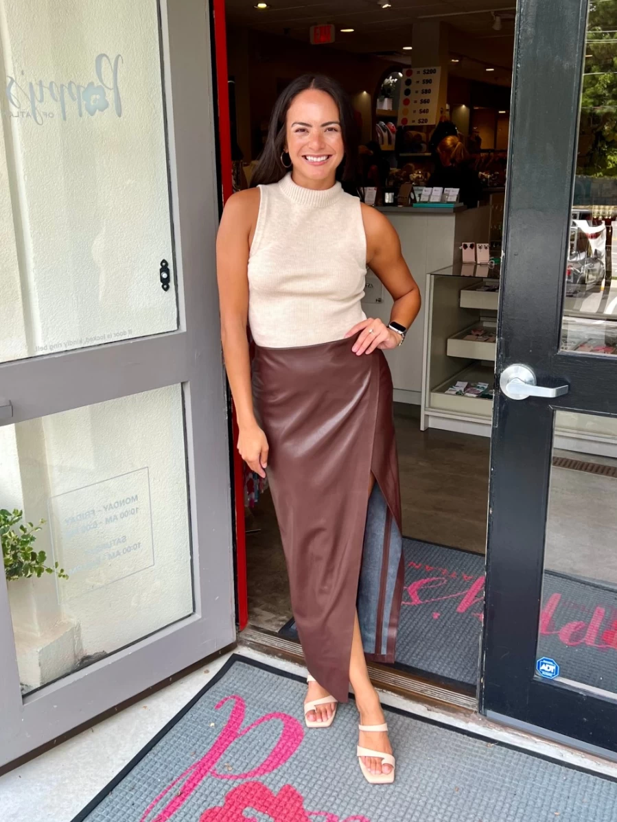 ALICE OLIVIA Vegan Leather Maxi Skirt - Toffee Brown Slip Wrap Style
