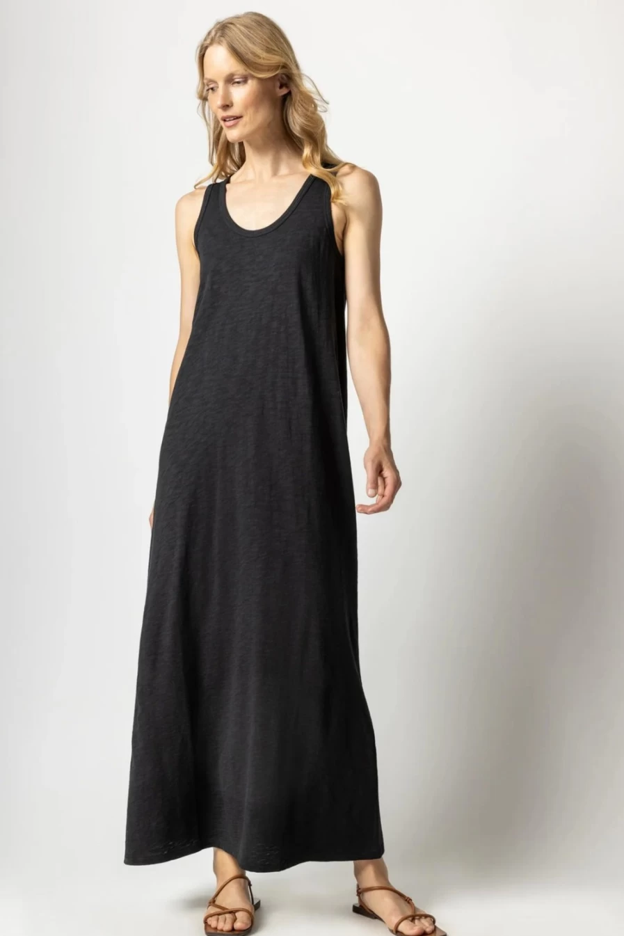 "LILLA P Maxi Tank Dress - Black Long Sleeveless Casual Summer Dress"