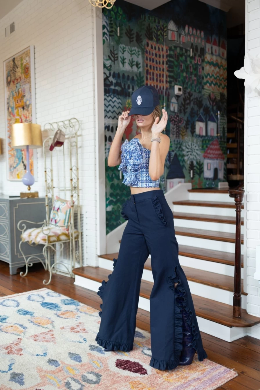 NEUBYRNE Women's Navy Faille Penny Pant High-Waisted Slim Fit Trousers - Final Sale