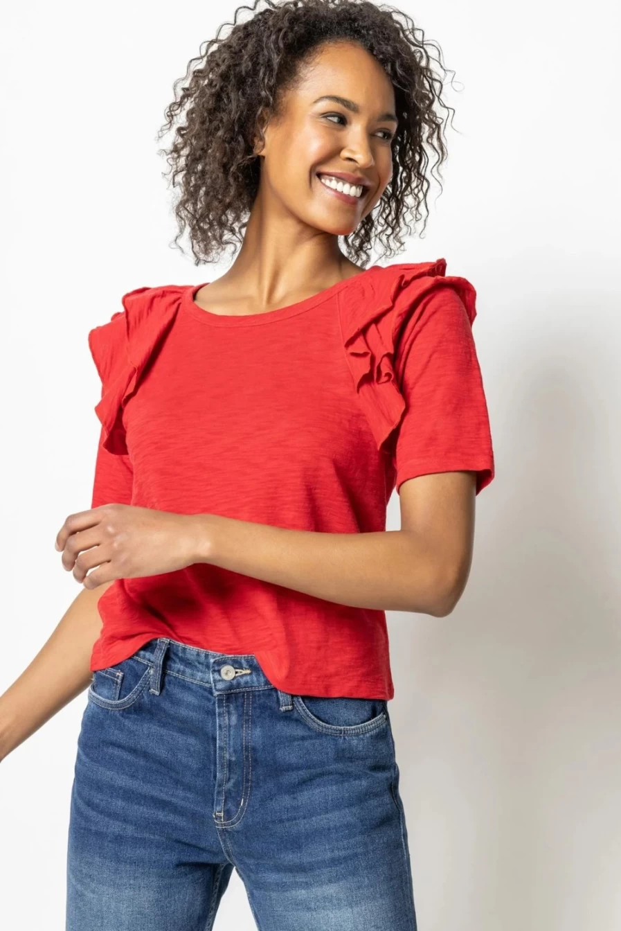 "LILLA P Women's Red Ruffle Shoulder Crew Neck T-Shirt - Casual Feminine Top"