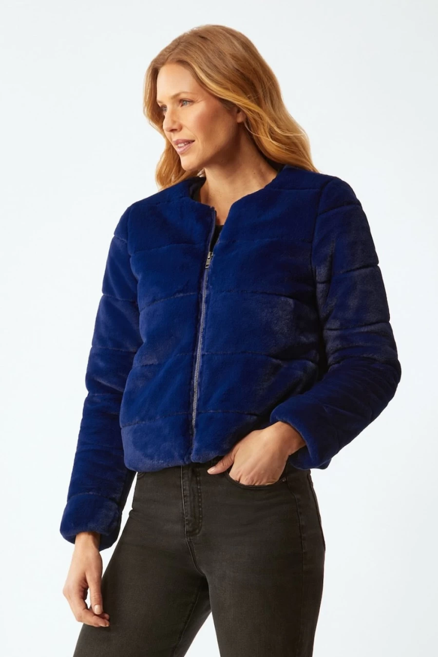 ECRU Royal Blue Faux Fur Short Jacket - Women's Winter Coats, Stylish Outerwear