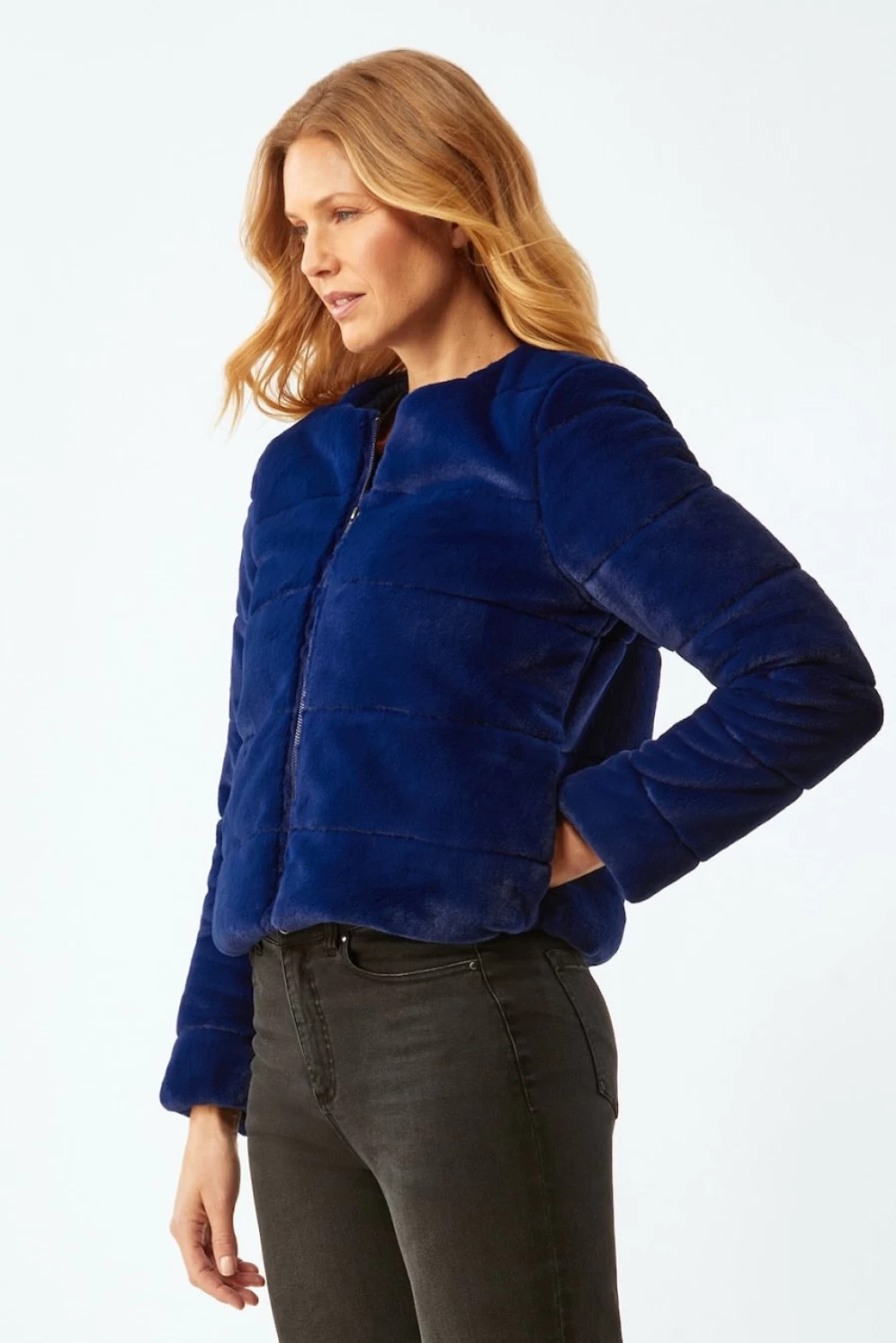 ECRU Royal Blue Faux Fur Short Jacket - Women's Winter Coats, Stylish Outerwear