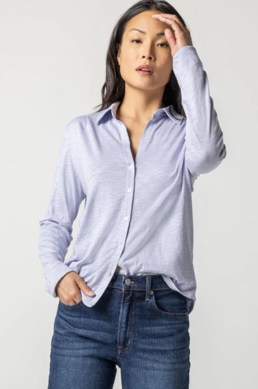 LILLA P Women's Glacier Blue Long Sleeve Button Down Shirt Casual Comfortable Tee Top