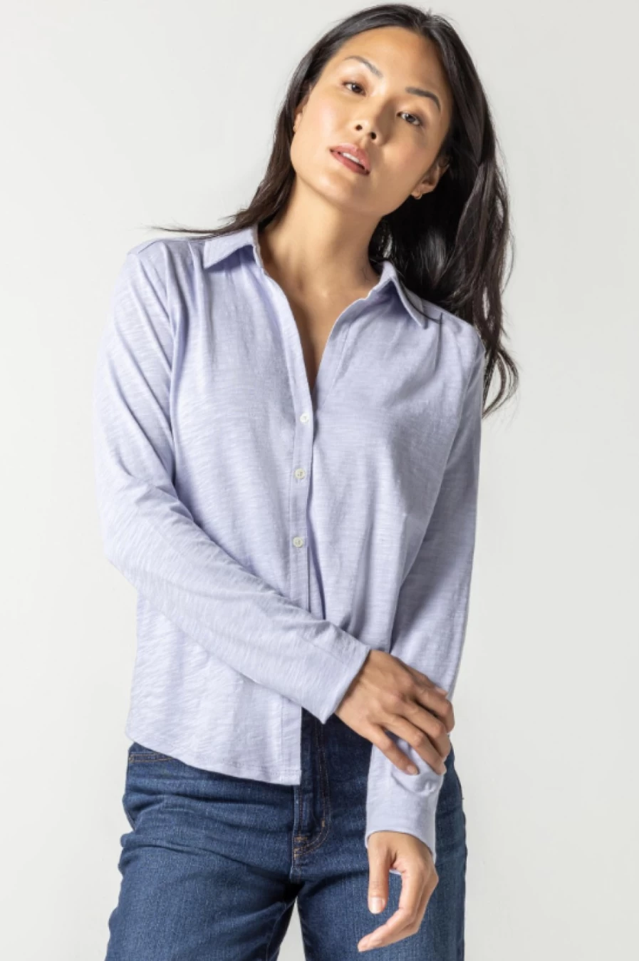 LILLA P Women's Glacier Blue Long Sleeve Button Down Shirt Casual Comfortable Tee Top