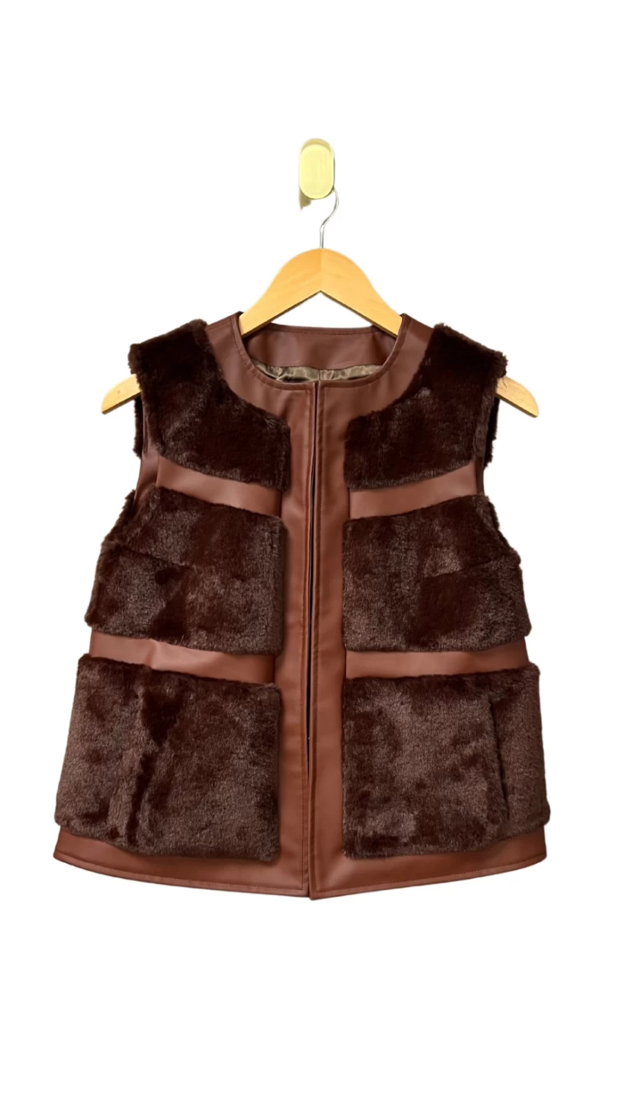 GLAMOURPUSS Vegan Faux Fur Vest in Chocolate Brown - Cruelty-Free Faux Leather Trimmed Winter Coat