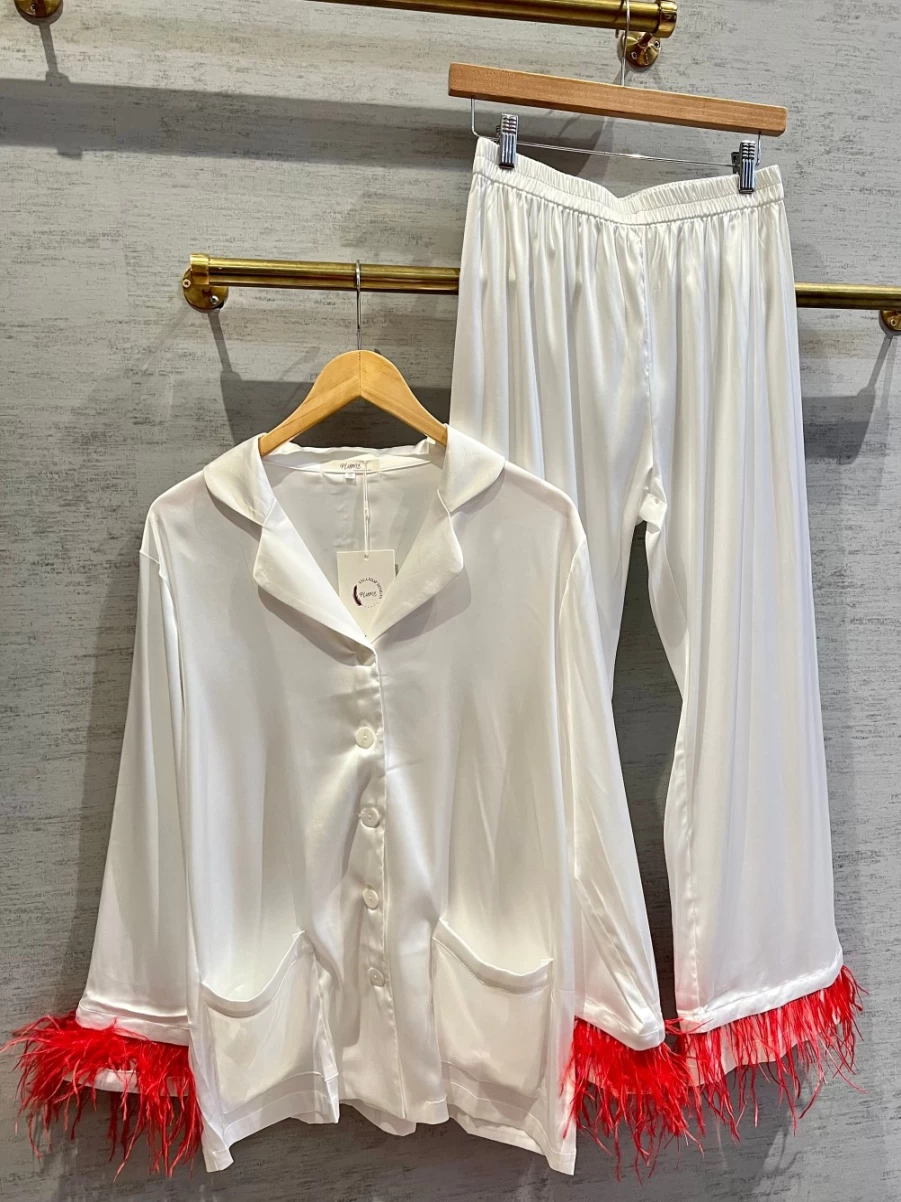 Plume Women's Feather Satin Pajama Set - Luxurious White & Red Sleepwear for Comfortable Nights