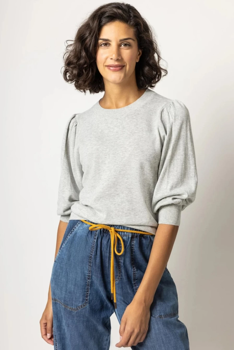 "LILLA P Grey Puff Sleeve Crew Neck Sweater - Women's Soft Knit Pullover Top"
