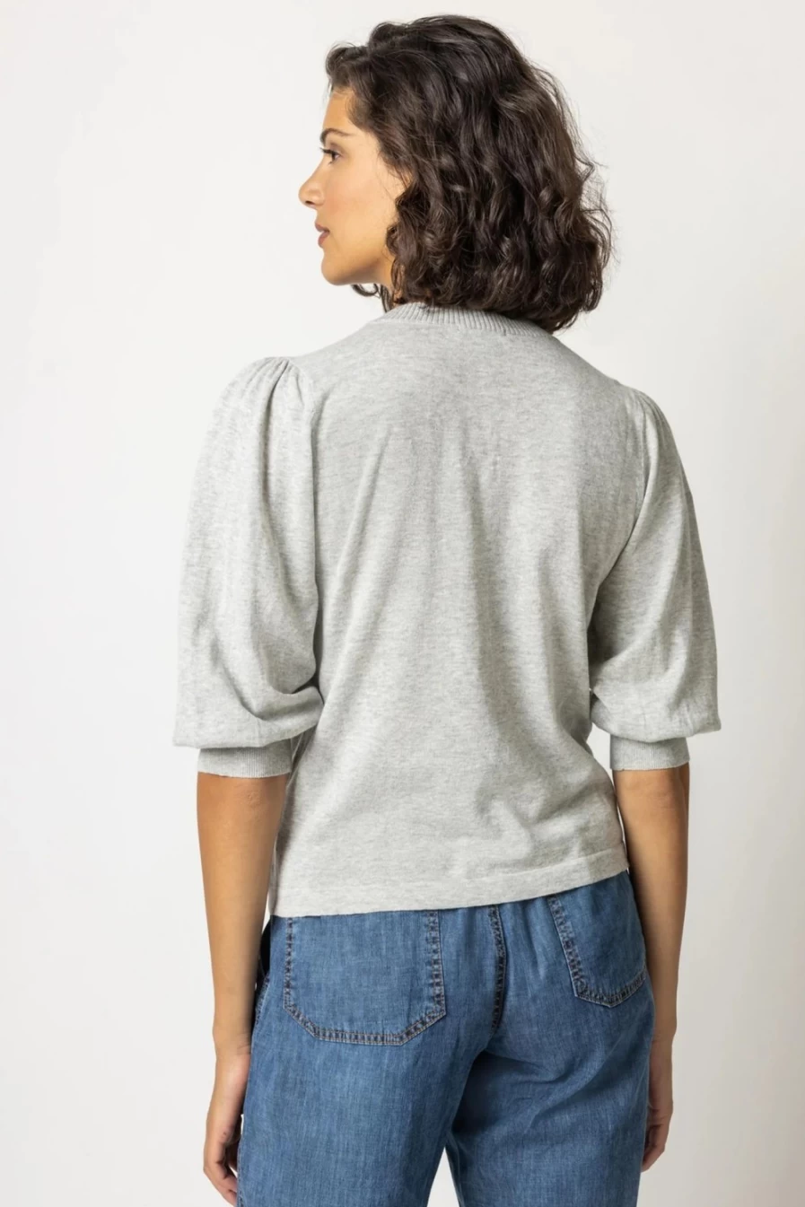 "LILLA P Grey Puff Sleeve Crew Neck Sweater - Women's Soft Knit Pullover Top"