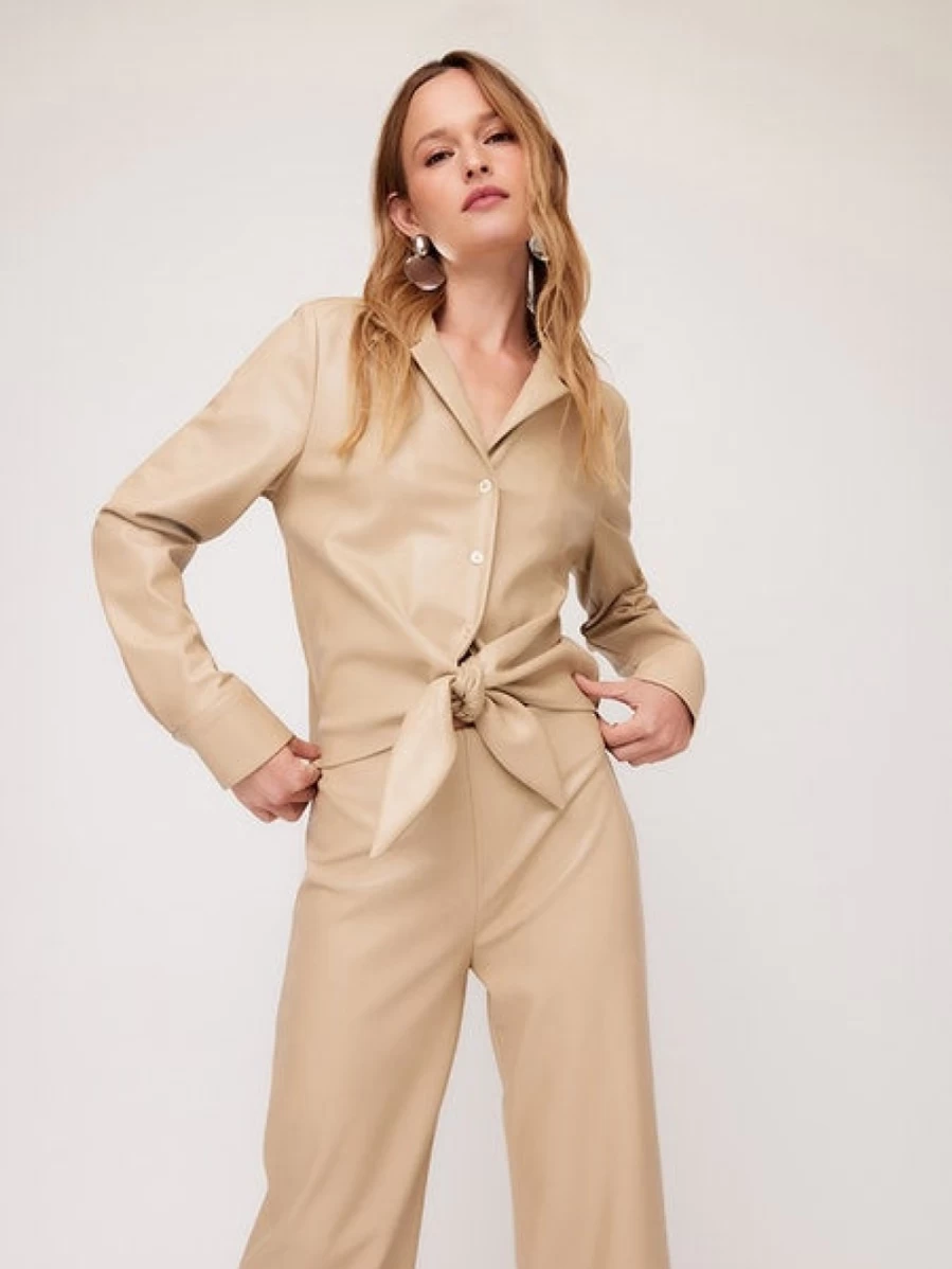 FIFTEEN TWENTY Beige Vegan Leather Tie Front Blouse - Sustainable Women's Tops