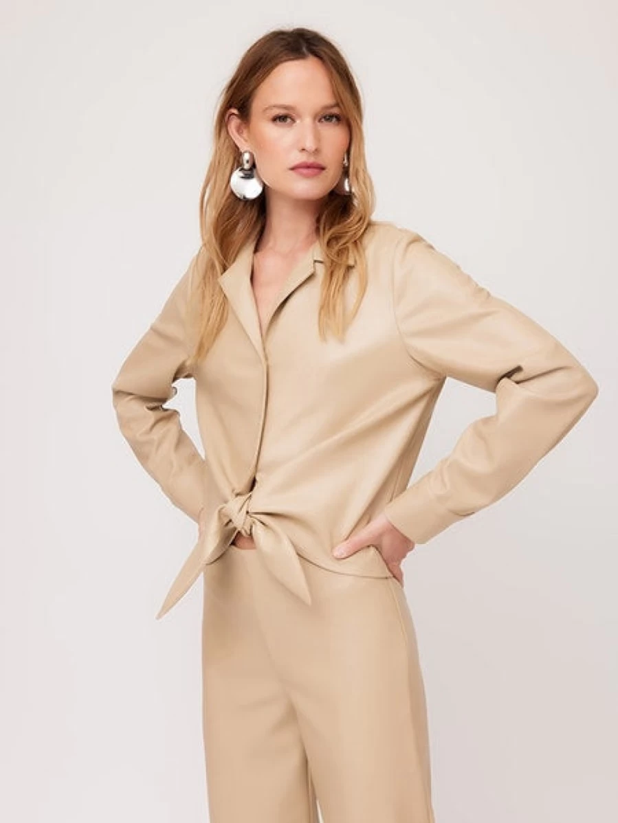 FIFTEEN TWENTY Beige Vegan Leather Tie Front Blouse - Sustainable Women's Tops