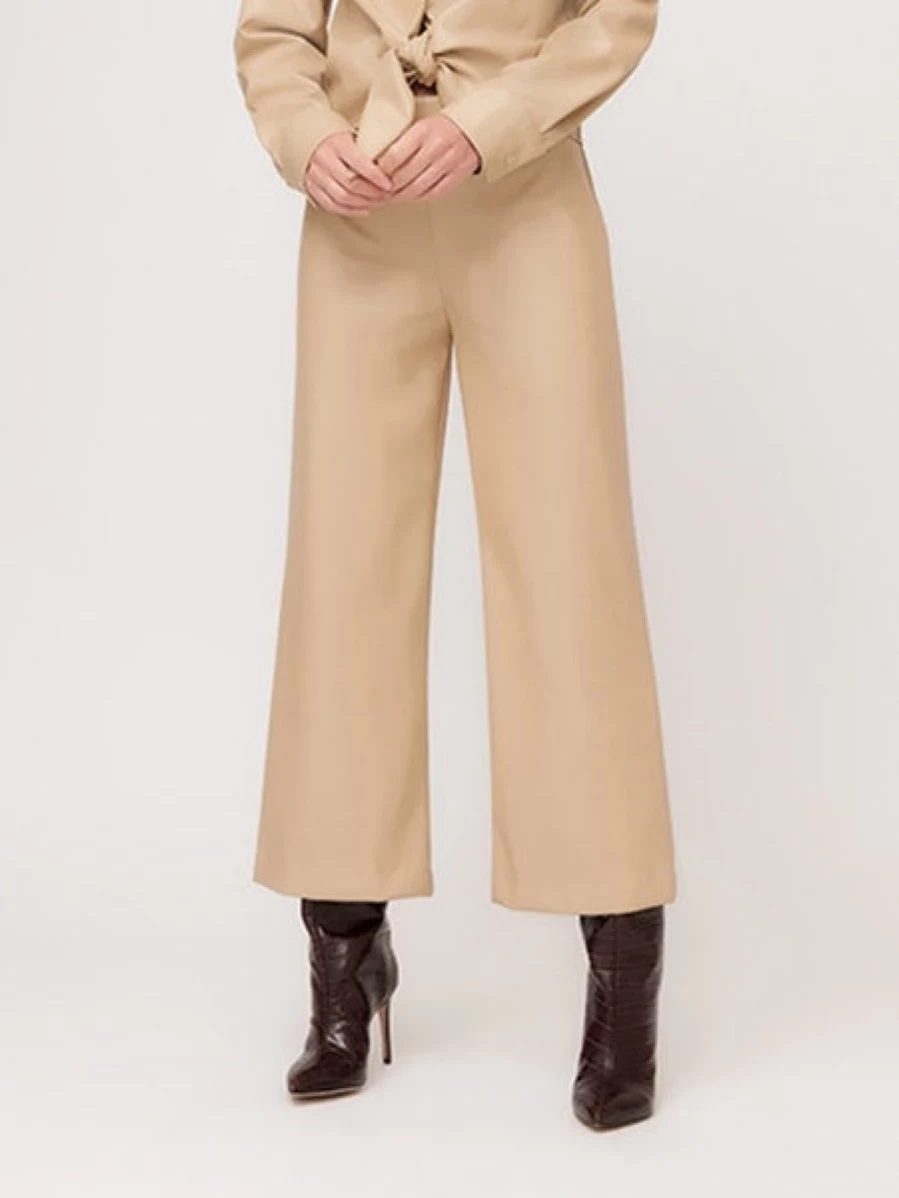 "FIFTEEN TWENTY Vegan Leather Beige Cropped Wide Leg Pants - Sustainable High Waist Trousers"