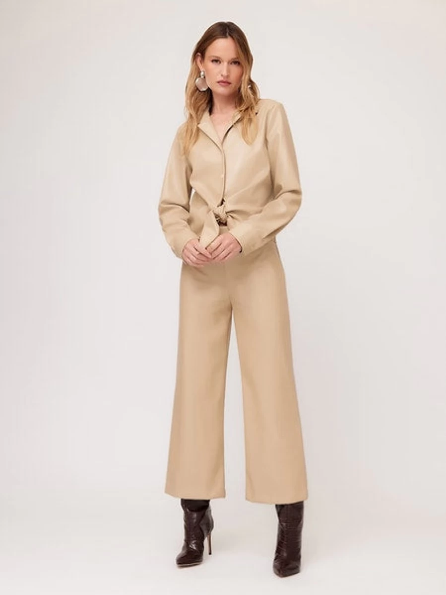 "FIFTEEN TWENTY Vegan Leather Beige Cropped Wide Leg Pants - Sustainable High Waist Trousers"