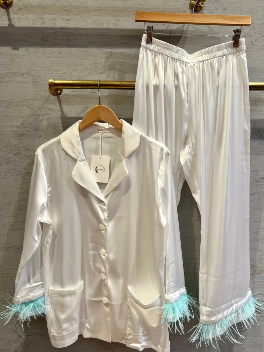 Plume Women's Feather Satin Pajama Set - Luxurious White & Blue Sleepwear for Comfortable Nights
