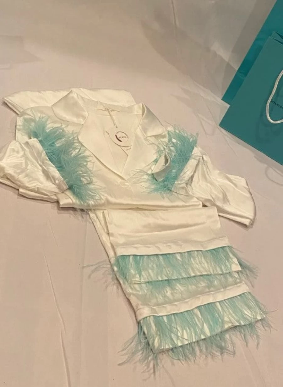 Plume Women's Feather Satin Pajama Set - Luxurious White & Blue Sleepwear for Comfortable Nights