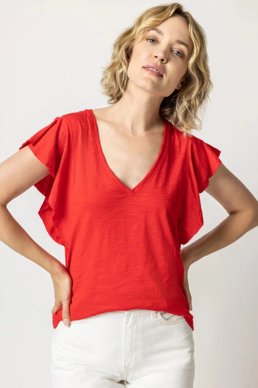 LILLA P Women's Flutter Sleeve V-Neck T-Shirt in Tomato Red - Final Sale