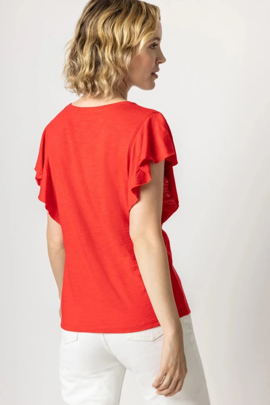 LILLA P Women's Flutter Sleeve V-Neck T-Shirt in Tomato Red - Final Sale