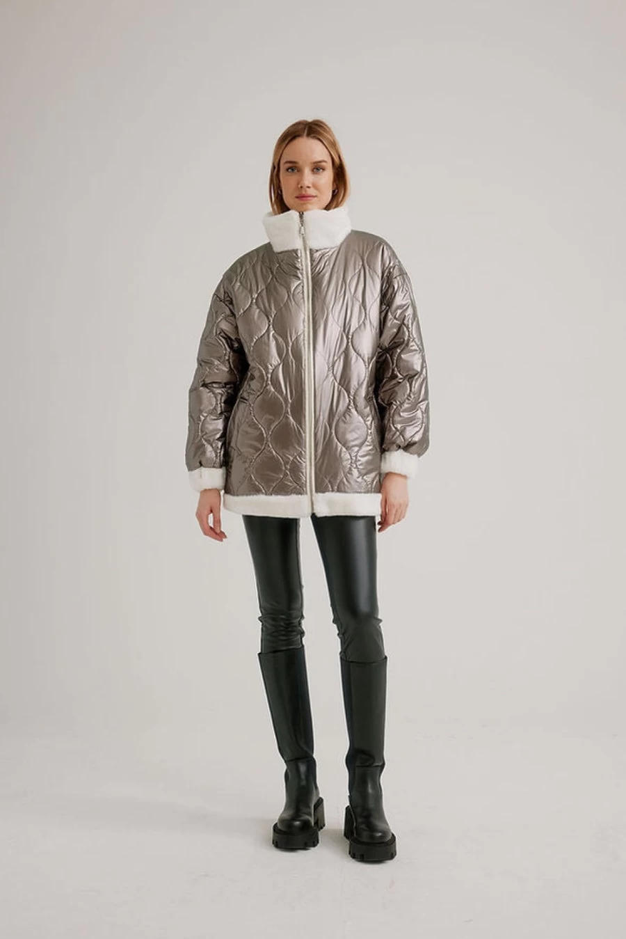 NIKKI JONES Reversible Faux Fur Jacket for Women - Pewter & Vanilla Color, Lined Coat Winter Outerwear