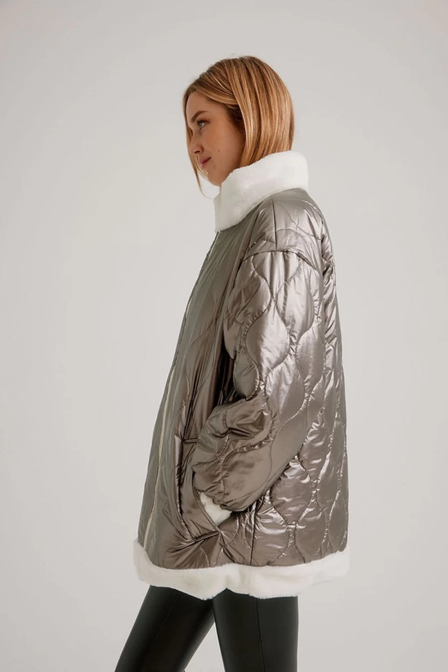 NIKKI JONES Reversible Faux Fur Jacket for Women - Pewter & Vanilla Color, Lined Coat Winter Outerwear