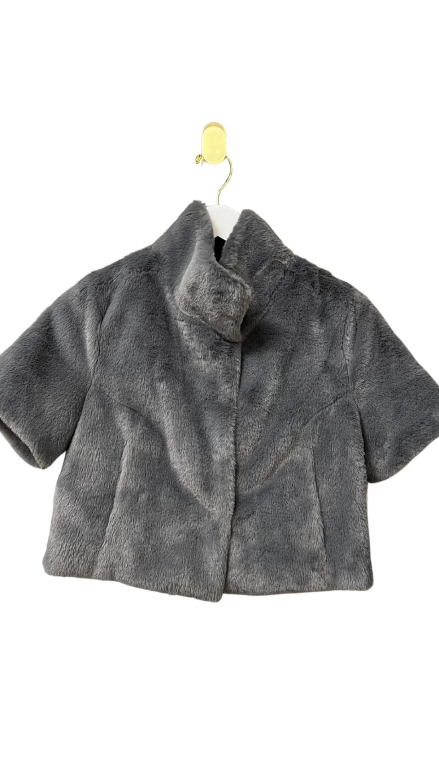GLAMOURPUSS Grey Faux Fur Bolero Jacket with Standing Collar - Women's Elegant Winter Coat