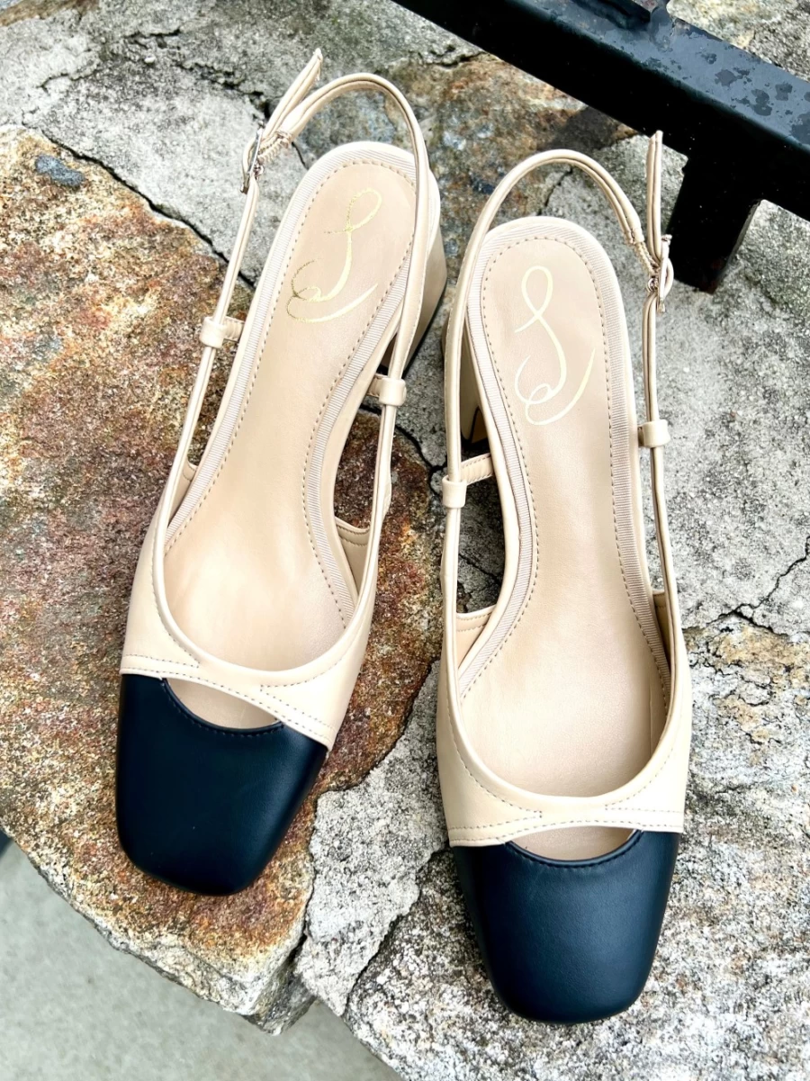 SAM EDELMAN Tarra Slingback Heel Sandals in Summer Sand & Black | Women's Fashion Shoes
