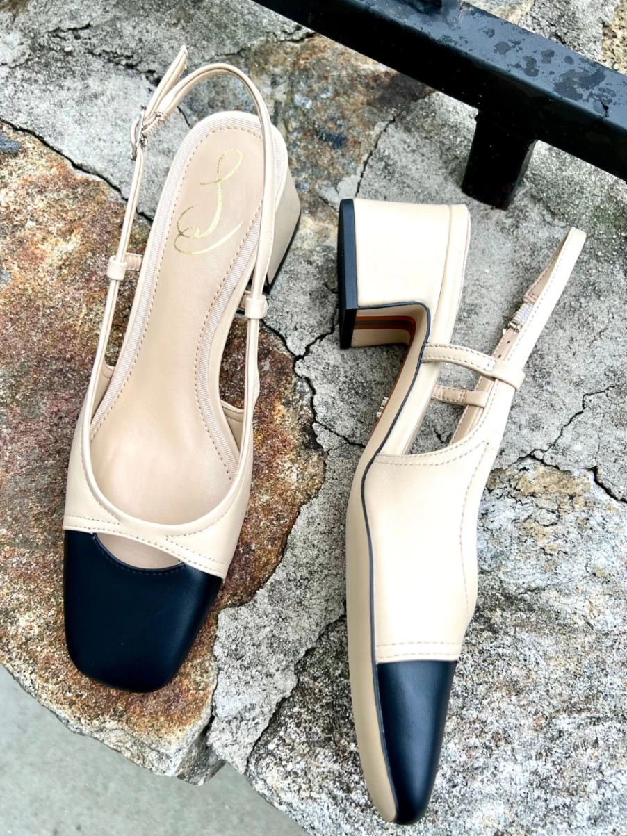 SAM EDELMAN Tarra Slingback Heel Sandals in Summer Sand & Black | Women's Fashion Shoes