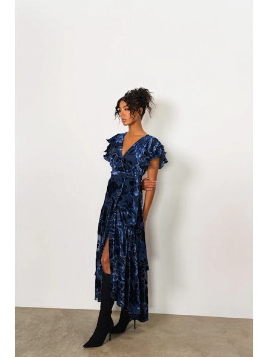 HUTCH Navy Velvet Zola Wrap Dress - Elegant Women's Velvet Wrap Dress for Fall and Winter