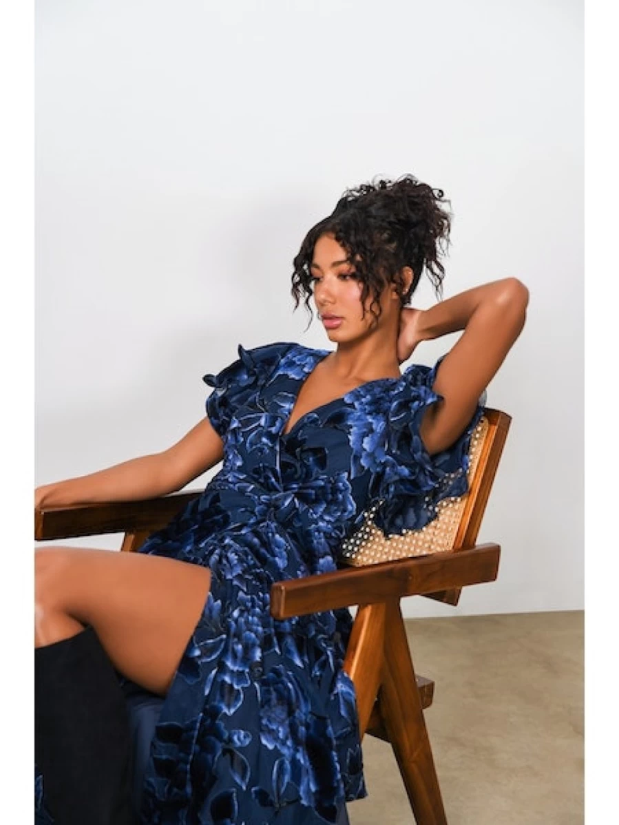 HUTCH Navy Velvet Zola Wrap Dress - Elegant Women's Velvet Wrap Dress for Fall and Winter