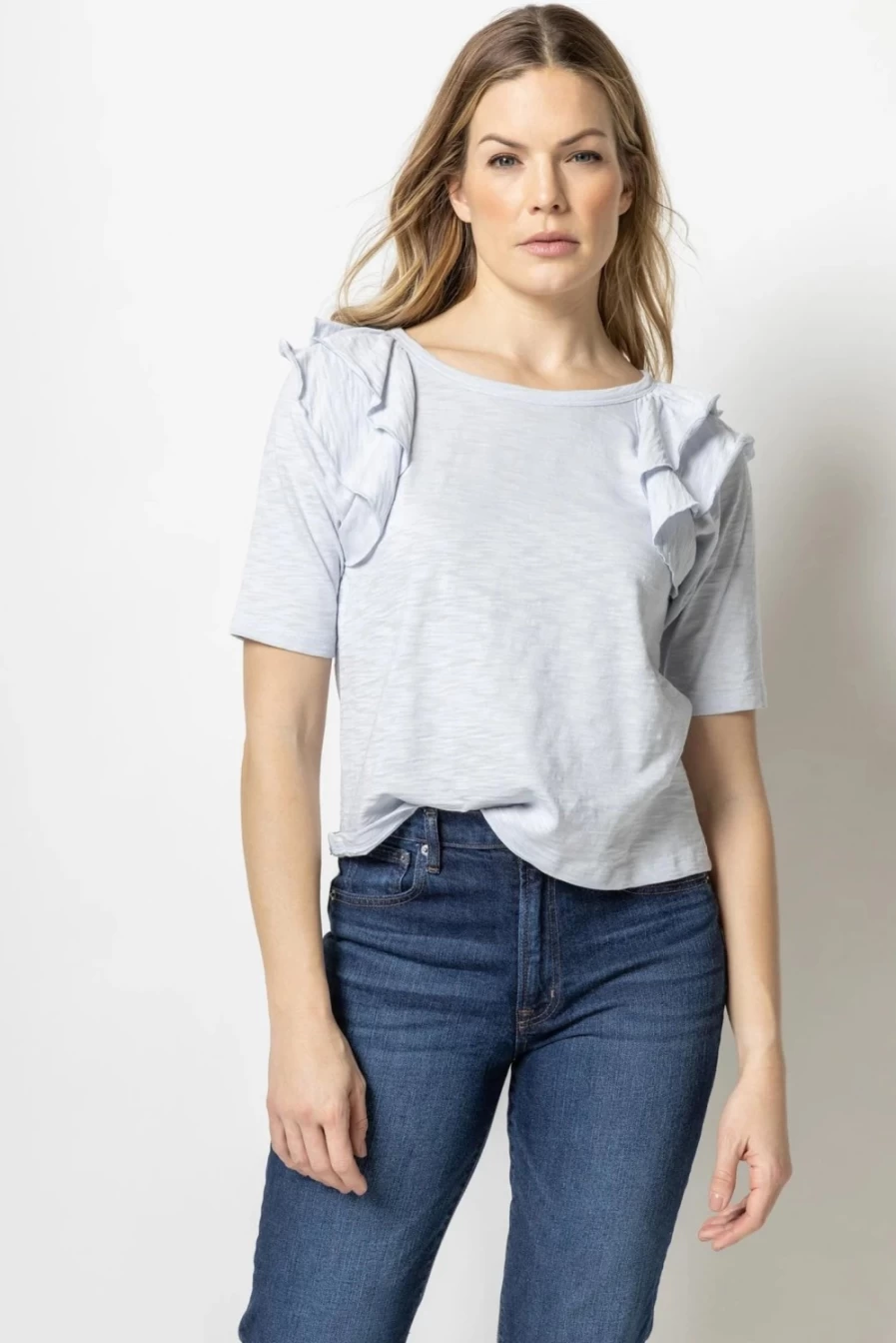 "LILLA P Light Blue Ruffle Shoulder Crew Neck Tee - Final Sale"