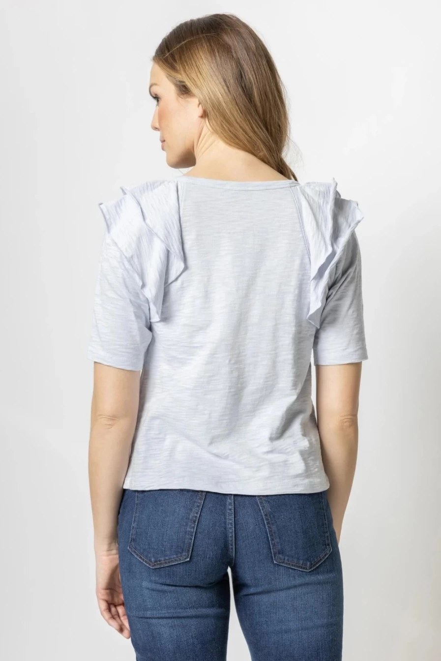 "LILLA P Light Blue Ruffle Shoulder Crew Neck Tee - Final Sale"