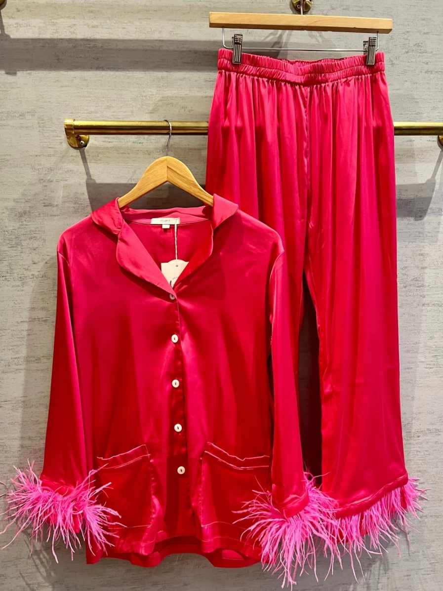 Plume Hot Pink Feather Satin Pajamas for Women - Luxurious Sleepwear Set