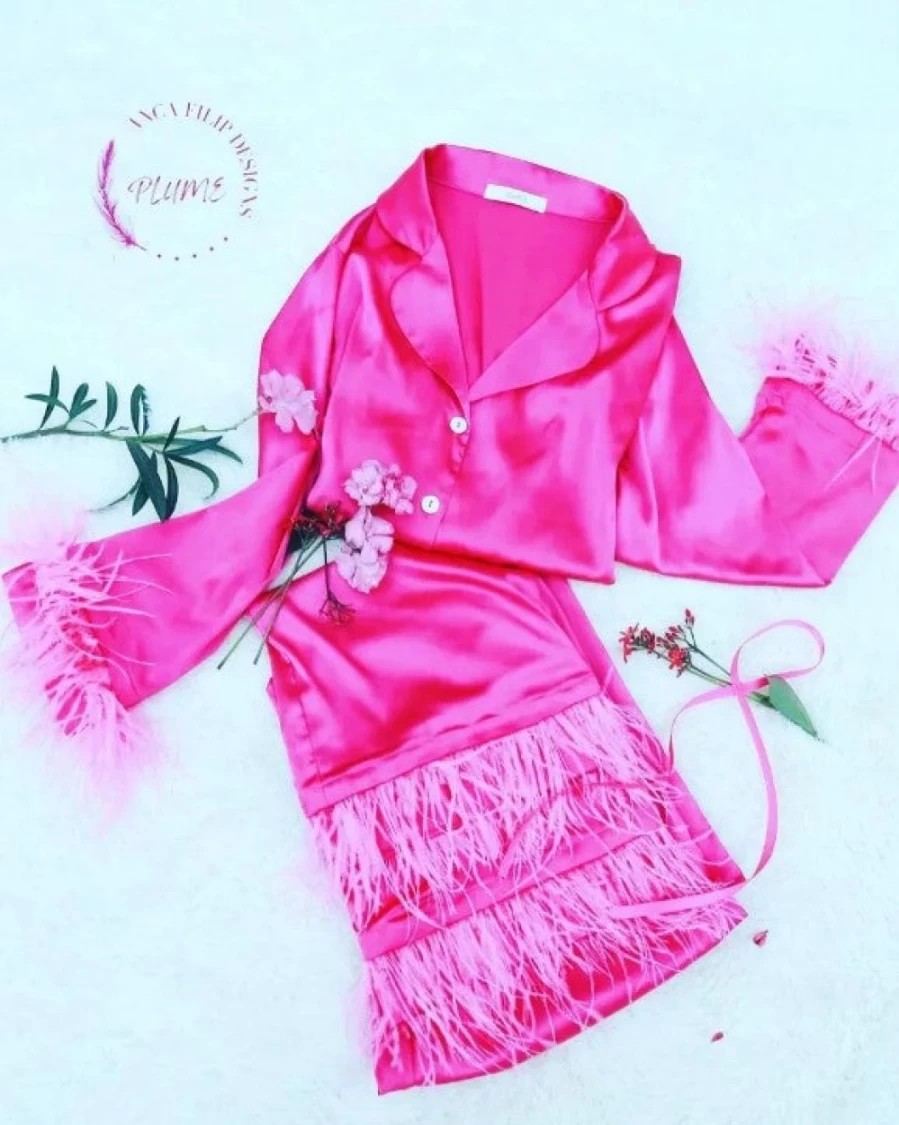 Plume Hot Pink Feather Satin Pajamas for Women - Luxurious Sleepwear Set