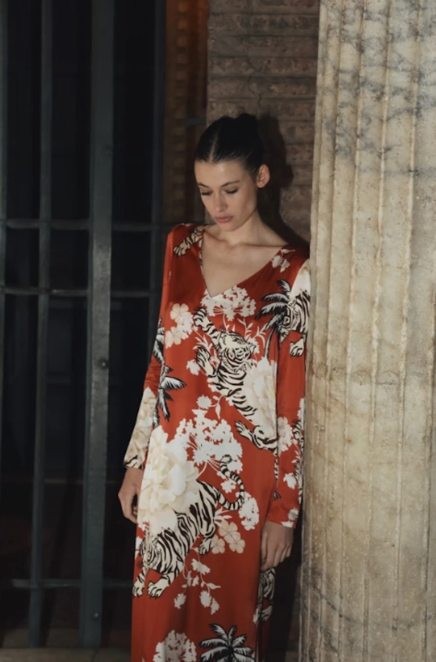 "LAS SURENAS Women's Romantic Tiger Print Brick Red Dress"