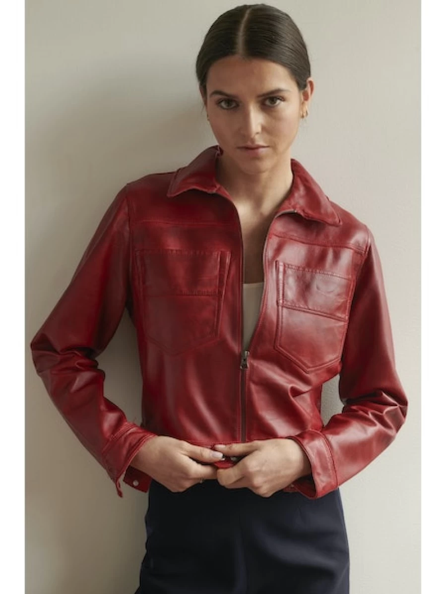 JAKETT Vintage Red Waxed Leather Jacket – Hayden Style Distressed Biker Coat for Men & Women