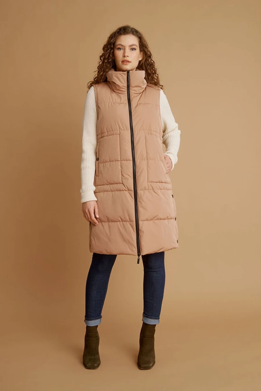 "NIKKI JONES Bronzed Long Puffer Vest for Women – Winter Warm Quilted Jacket"