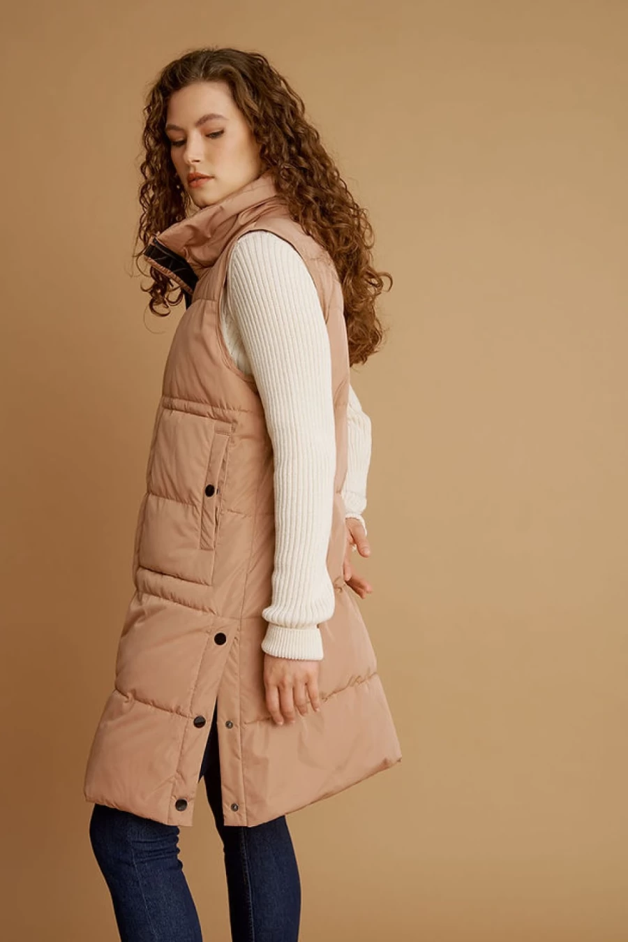 "NIKKI JONES Bronzed Long Puffer Vest for Women – Winter Warm Quilted Jacket"