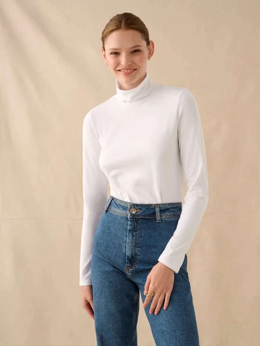 WHITE AND WARREN Cotton Modal Scrunch Neck Top - Soft White Women's T-Shirt
